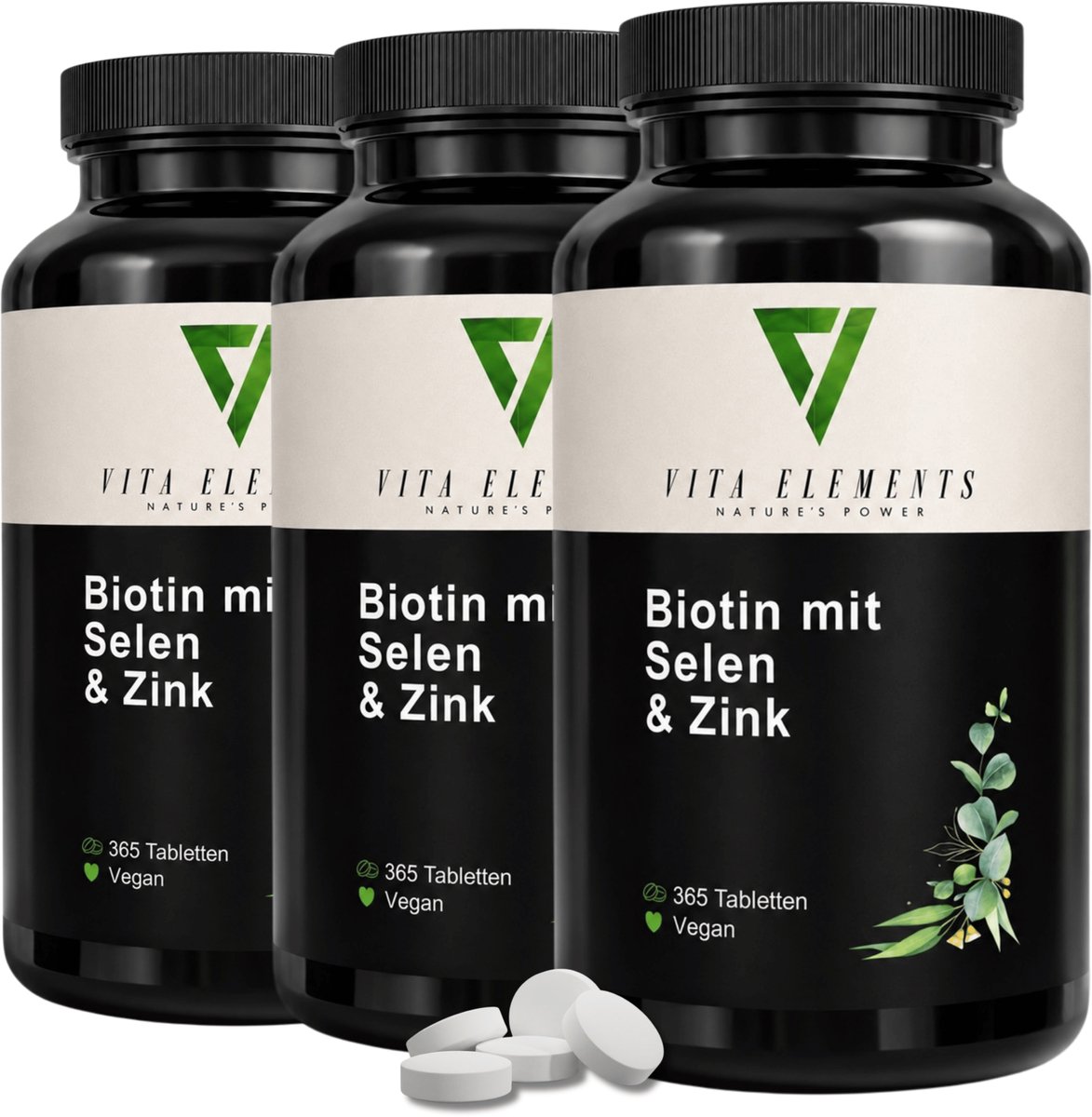 Vita Elements Biotine met Seleen en Zink Tabletten - 1000 µg Biotine - GGO-vrij - Voor Haar, Huid en Nagels - 365 Tabletten - Getest Set van 3