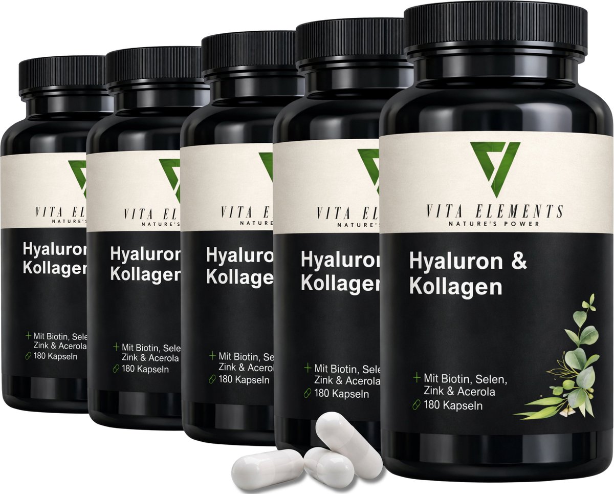 Vita Elements Hyaluronzuur & Collageen Complex Capsules - Voedingssupplement voor Huid, Haar en Gewrichten - Anti-Aging - Veganistisch - 180 Capsules - Set van 5
