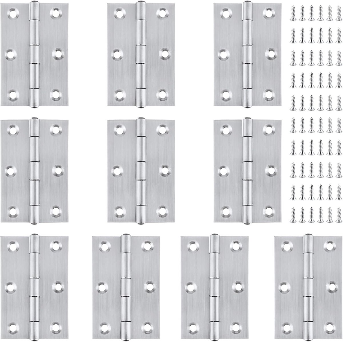 SnelShoppen - RVS Buiten Deur Scharnier Vouwscharnier Roestvrij Staal met 60 Schroeven voor Kasten, Vensters, Deuren, 10 Stuks, 75 mm, Zilver
