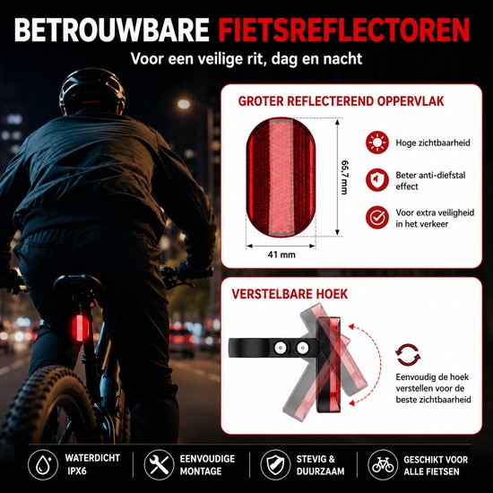Rode fietsreflector met groot reflecterend oppervlak, verstelbare hoek, waterdicht IPX6, stevig en duurzaam.