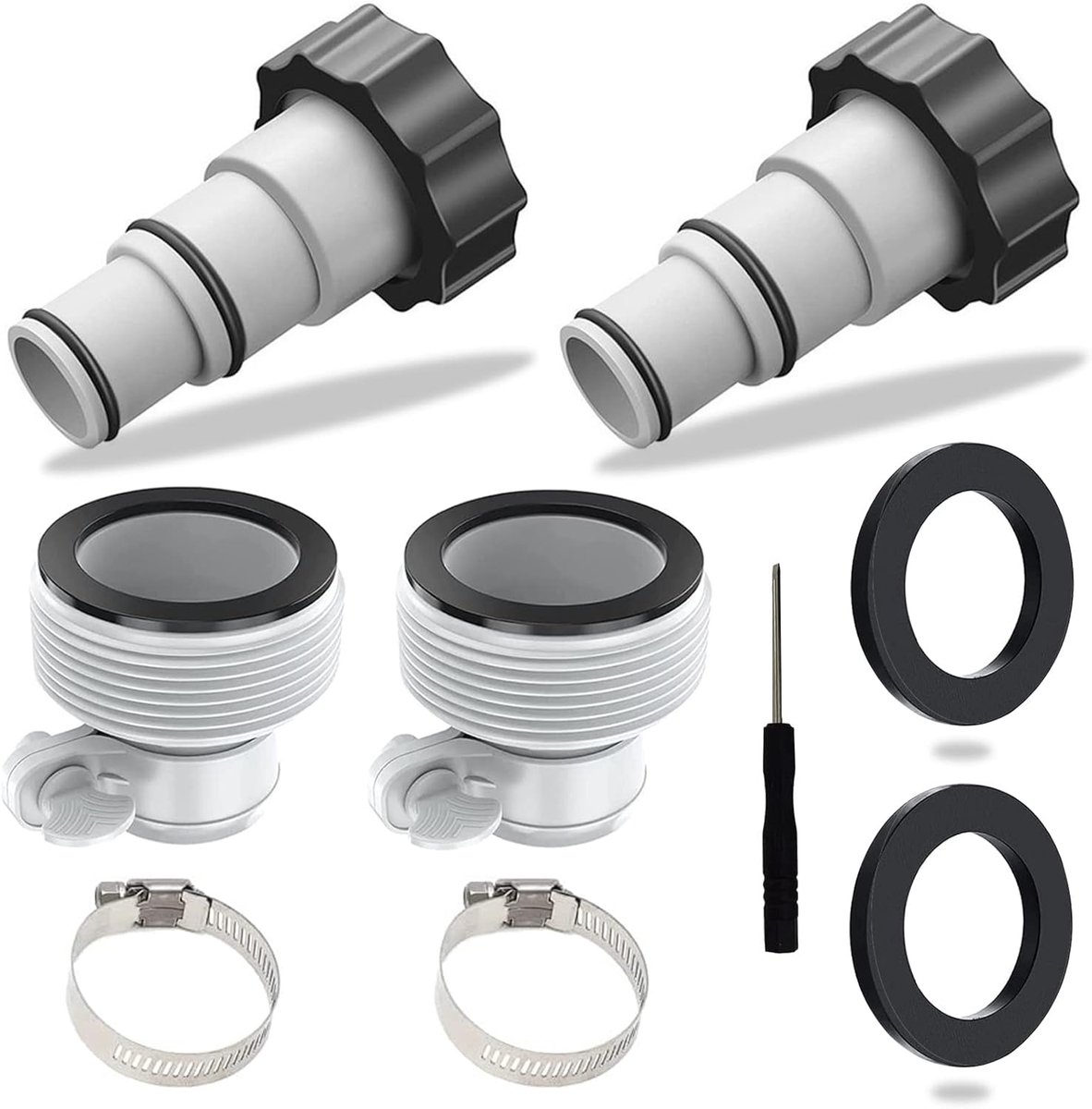 SnelShoppen - 4-delige zwembadadapter set, zwembadslangadapters, corrosiebestendig kunststof, inclusief slangklemmen en schroevendraaier voor Intex zw