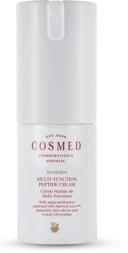 Witte flacon met "Cosmed Anatolia Multi-Function Peptide Cream" erop.