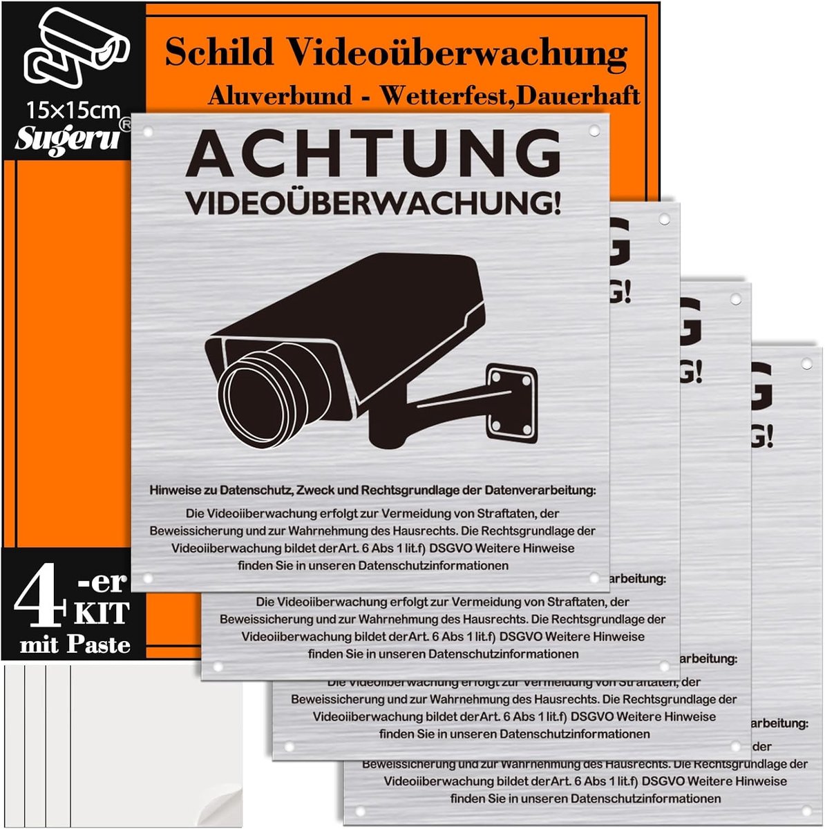 SnelShoppen - 4-Piece Video Bewakingsbord met Plak - 150mm | Waarschuwingsbord Video Bewaking Privéterrein | Dit Object Wordt Video Gevolgd | Aluminiu