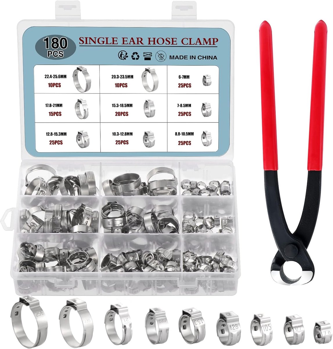 SnelShoppen - 180PCS RVS slangklemmen met tangen, 9 maten 6-25.6mm, roestvrij staal, slangklem assortiment voor brandstofleidingen en plumbing