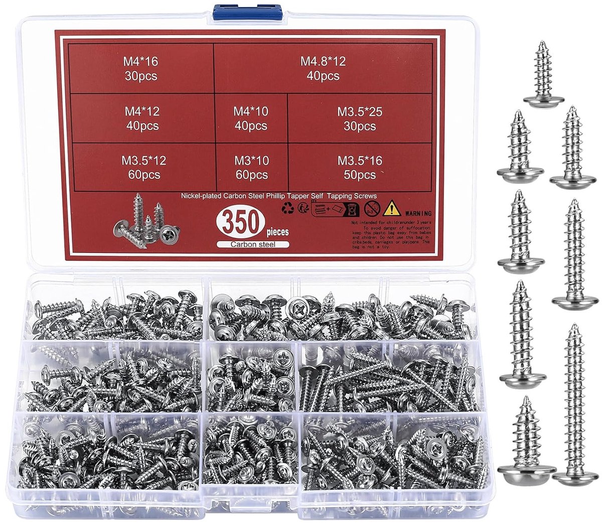 SnelShoppen - 350 Stuks Schroeven met Platte Kop, Zelftappende Schroeven M3 M3.5 M4 M4.8 voor Hout, Zelfborende Metalen Schroeven met Wasmachine, Hoog
