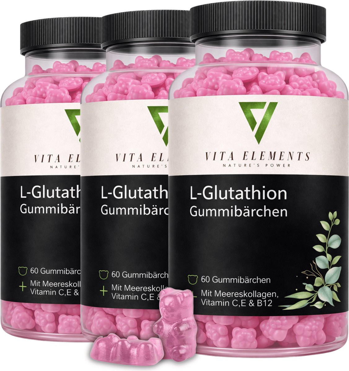Vita Elements L-Glutathion Gummies met Vitamine C, E en B12, Zeecollageen en Druivenpitextract - Antioxidant voor de Huid - 60 Gummies - Getest - Set van 3