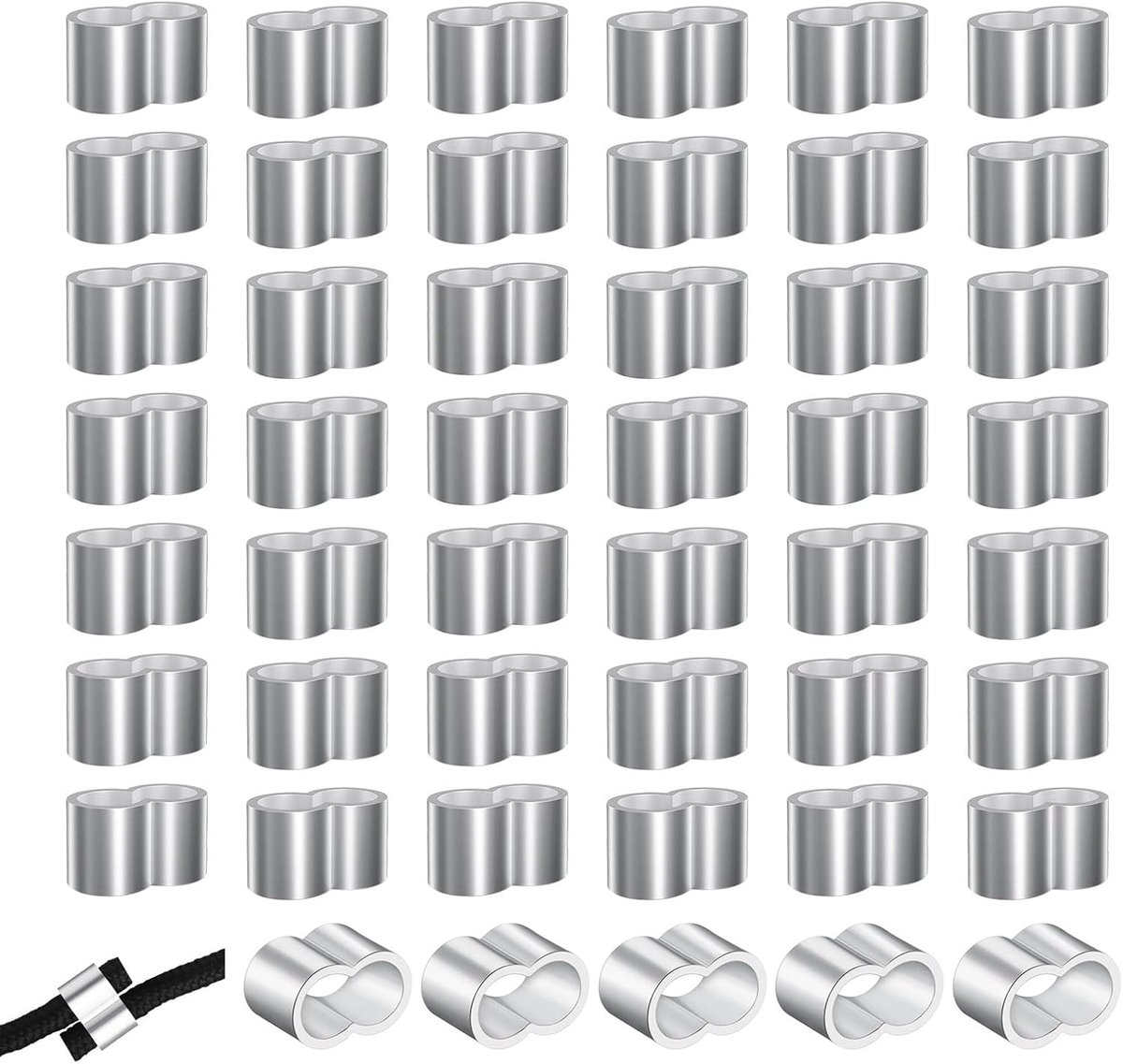 SnelShoppen - 50 Stuks Aluminium Kabelklemmen 6 mm - Dubbele Mouwen - Strangle Klemmen voor Rubber Koord - Klemmen voor Expander Koord - Ideaal voor T