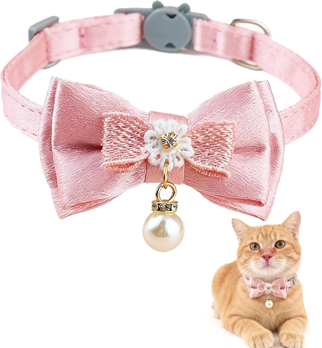 Verstelbare kattenhalsband met veiligheidssluiting, roze halsband met parel en strik voor vrouwelijke katten, ideaal voor comfort en stijl