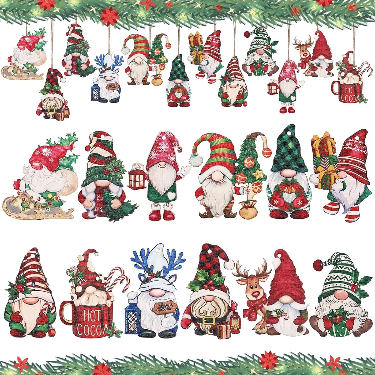 Houten Kersthangertjes, 24 Stuks, Decoratie voor de Kerstboom, Santa Claus en 12 Ontwerpen voor Creatieve Knutselprojecten