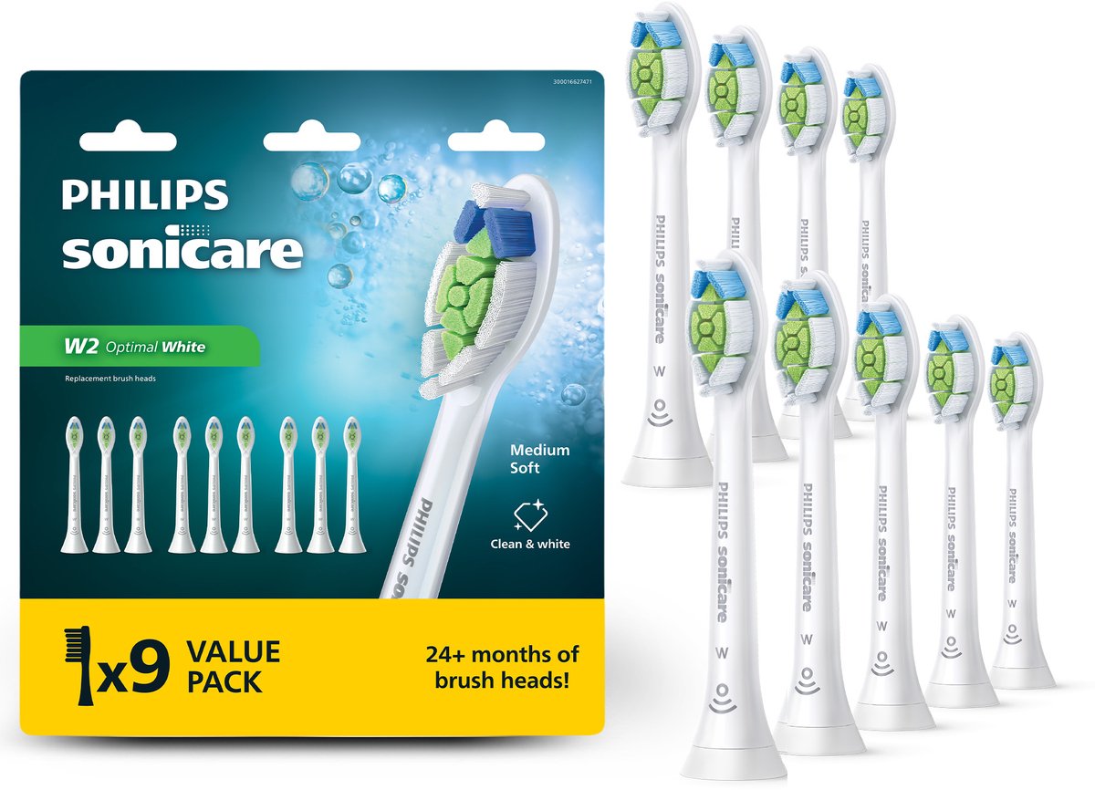 Philips Sonicare Optimal White W2 – Opzetborstels voor Elektrische Tandenborstel – Wit – Verpakking van 9 - Wittere tanden - HX6069/87