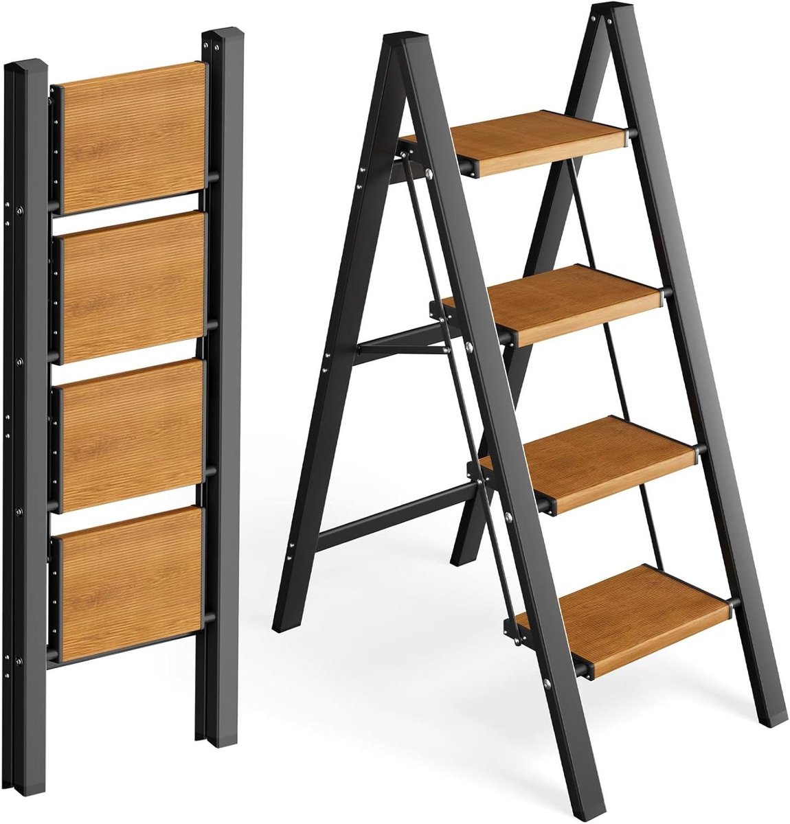Trapladder Inklapbaar - Opstapkruk Aluminium - Veilig Werken - Anti-slip Treden - 4 Treden - Zwart