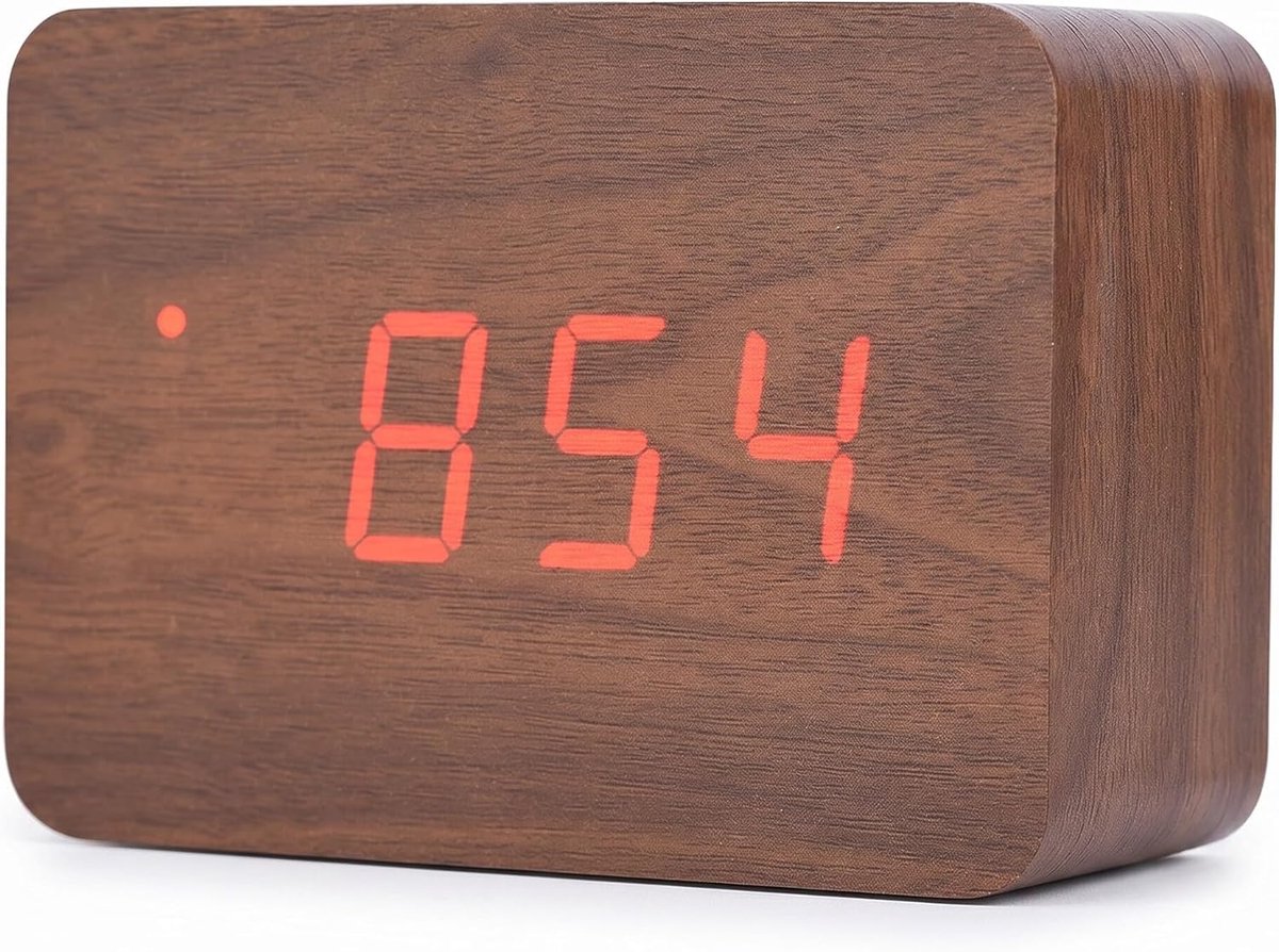 SnelShoppen - LED Houten Wekker met Alarmfunctie, Stemcontrole, Continu Licht, Digitale Desk Thermometer, Klassieke Timer in Bruin Hout met Rode Verli