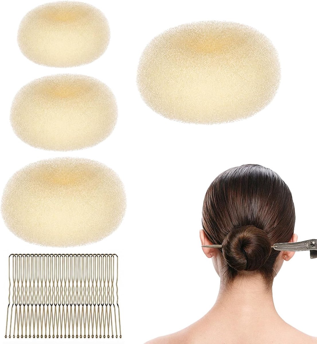 Set van 4 knotkussens en 30 U-vormige haarspelden voor opgestoken kapsels, ideaal voor vrouwen en meisjes