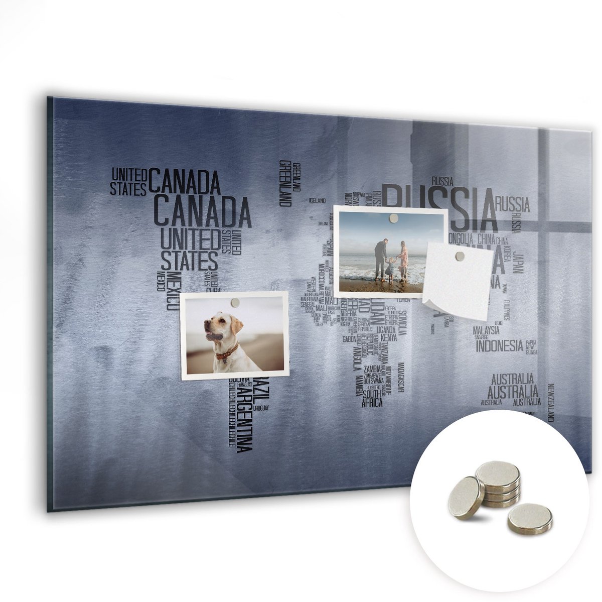 Coloray Glazen Magneetbord - Magnetisch Bord Wereldkaart met ondertitels - 60x40 cm - Blauw Magneetbord - Magnetic Board - Magneetbord Design