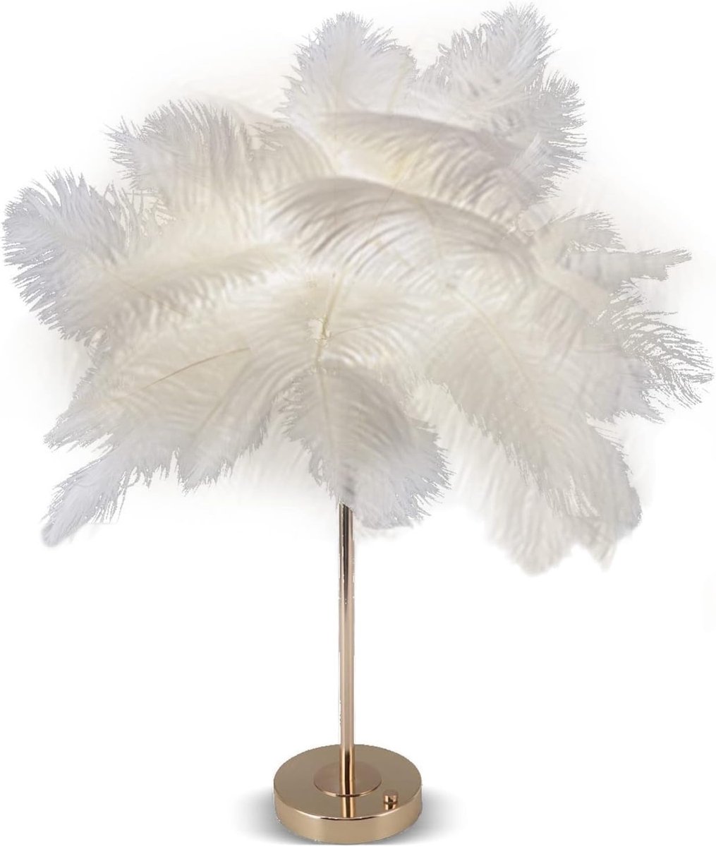 Touch Switch Feather Lamp - Table Lamp with USB, 3 Colors Dimming, Ostrich Feathers, Gold Metal Base - 30 Pieces - ShopVlot