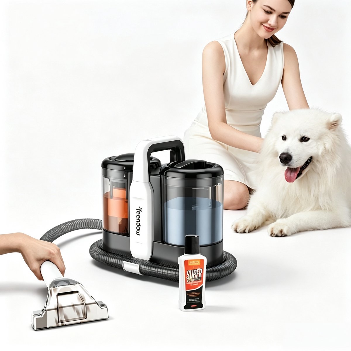 Teendow Tapijtreiniger - Textielreiniger - Vlekkenreiniger - Stofzuiger voor stoffen – 450W – 11000Pa zuigkracht – Dubbele watertank – Met accessoires – Voor huishouden en auto – 326x173x306mm – 9 onderdelen – Zwart wit
