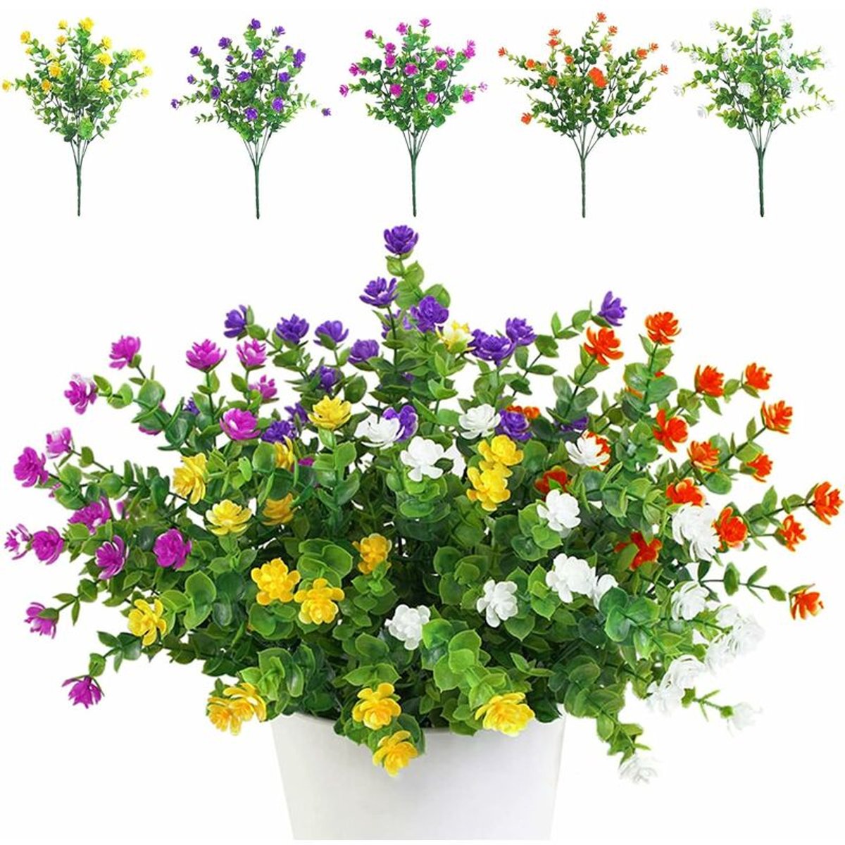 Set van 5 kunstbloemenboeketten, UV-bestendige groene planten voor buiten, binnen, balkon, tuin, kantoor, bruiloft, feestdecoratie (vijf kleuren)