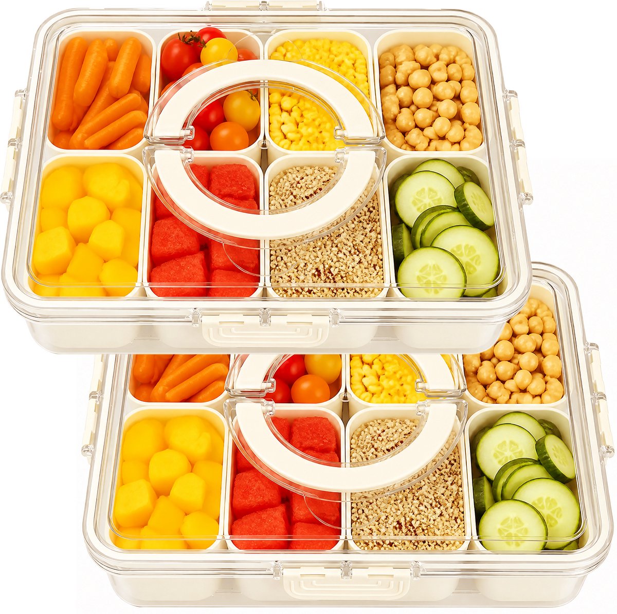 2 snackboxen van kunststof met 8 uitneembare vakken - Transparante deksels met handvat en 4 clips - 28 x 21 x 6,5 cm per box - Voor fruit, noten en snacks - Koelkastgeschikt