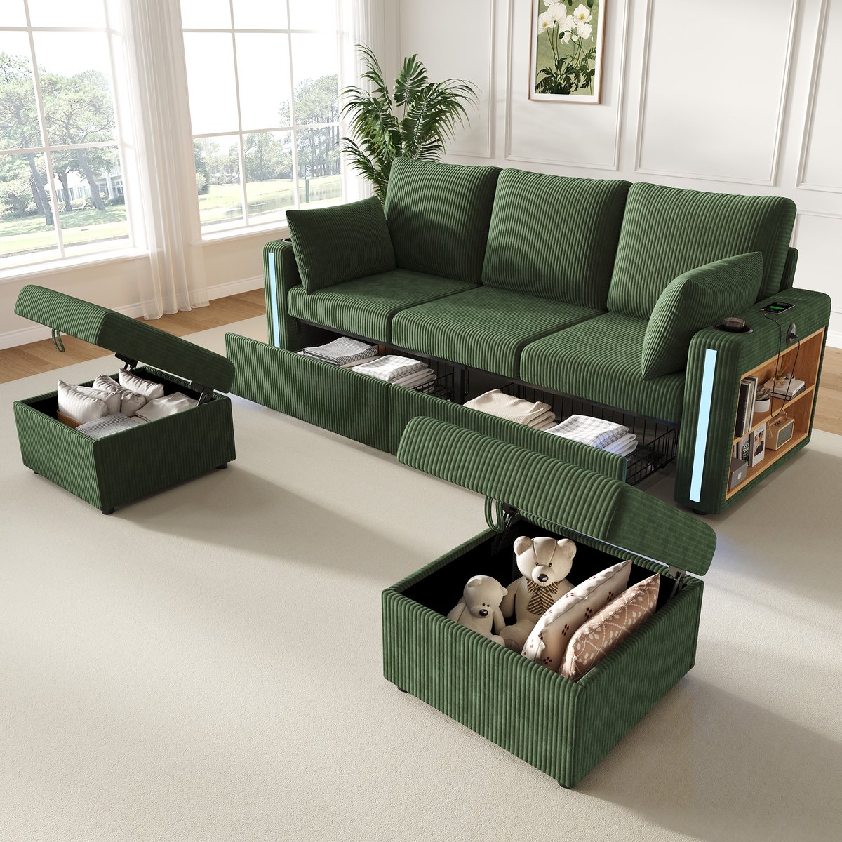 Modulair U/L-vormige bank - poef met opbergruimte - LED-verlichting - met drankjehouder - USB/Type-C-poort - grote lade - kussens - groen