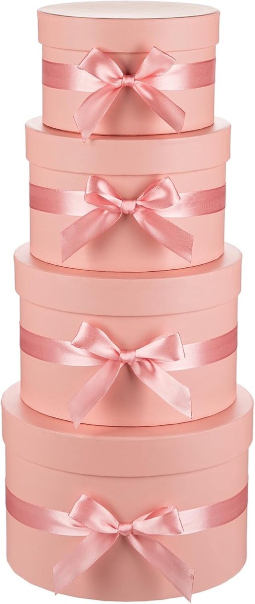 Set van 4 Luxe Rond Geschenkdozen met Deksel en Strik, Perfect voor Verjaardag, Bruiloft en Feestdagen