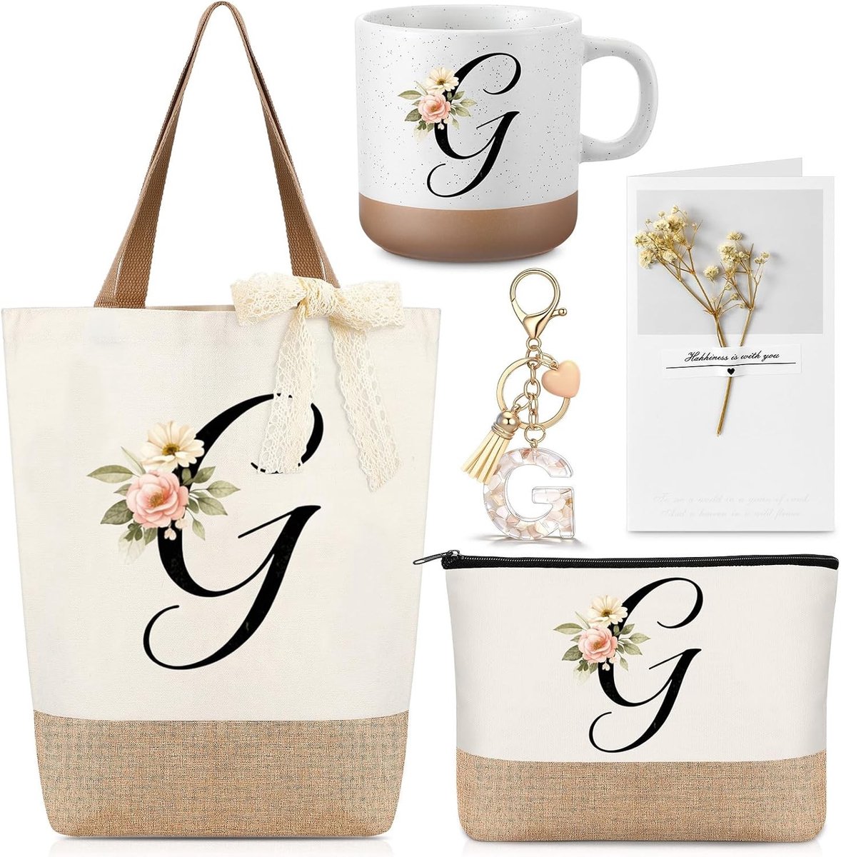 Jute Tote Bag met Initialen, Make-up Tas, Koffiemok en Sleutelhanger - Persoonlijke Verjaardagscadeaus voor Vrouwen, Moeders en Vriendinnen