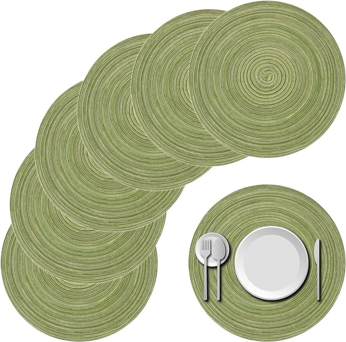 Placemats - Ronde Geweven Placemats - 38 cm - Hittebestendig en Wasbaar - Antislip - Voor Keuken en Eettafel - 6 stuks - Groen
