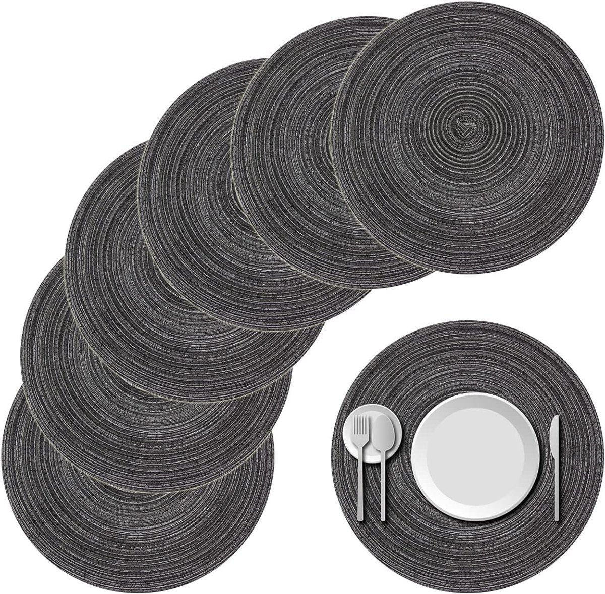 Placemats - Ronde Geweven Placemats - 38 cm - Hittebestendig en Wasbaar - Antislip - Voor Keuken en Eettafel - 6 stuks - Donkergrijs