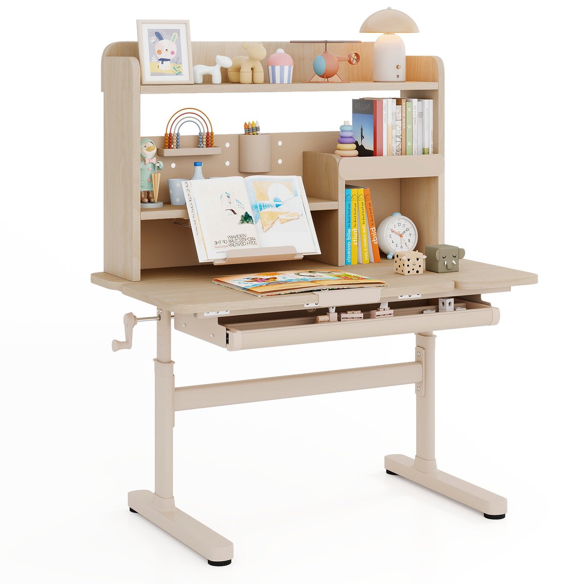 KOMFOTTEU Kindertafel Bureau - In Hoogte Verstelbaar 52-74 cm - Kantelbaar Tafelblad - Kindertafel met Plank, Lade en Boekenstandaard - Schoolbureau voor Kinderen Vanaf 3 Jaar