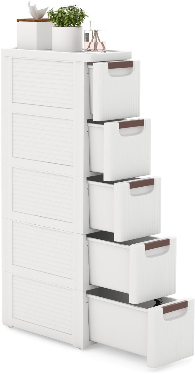 KOMFOTTEU Badkamerkast Smal - Toiletkast PP - Voor Kleine Ruimtes - Badkamermeubel met 5 laden & 4 wielen - 42x19x91cm