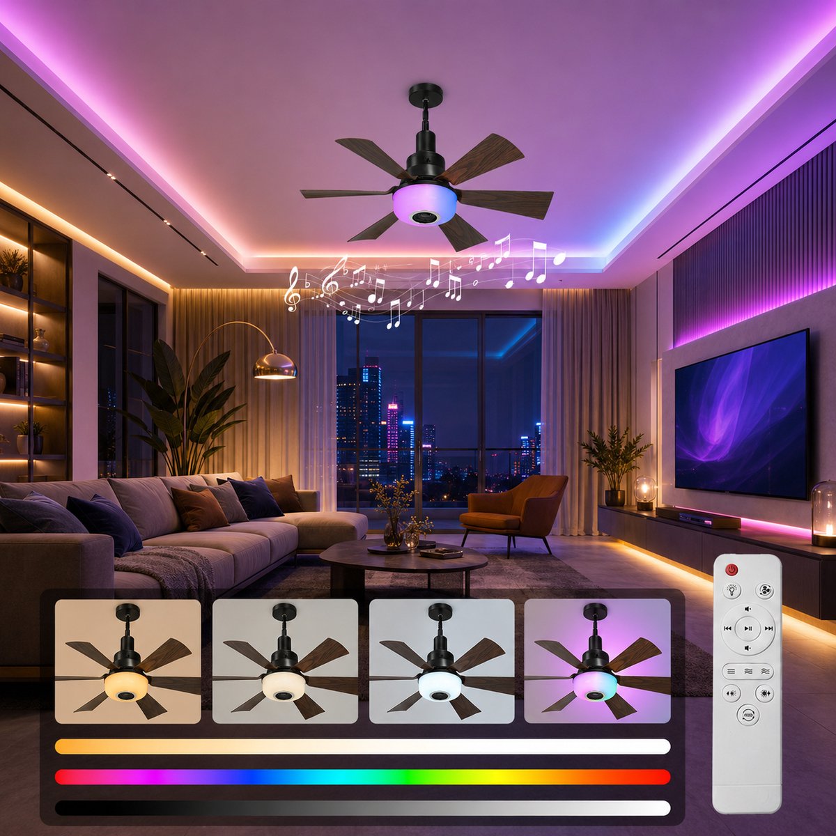Lapamax Plafondventilator met Verlichting E27 Ø52cm- Ventilator lamp met Bluetooth Speaker en RGB Licht -Verstelbare Hoogte - Kantelbare Ventilator Plafond met Afstandsbediening - 3 Snelheden - Voor Woonkamer, Slaapkamer en Kantoor
