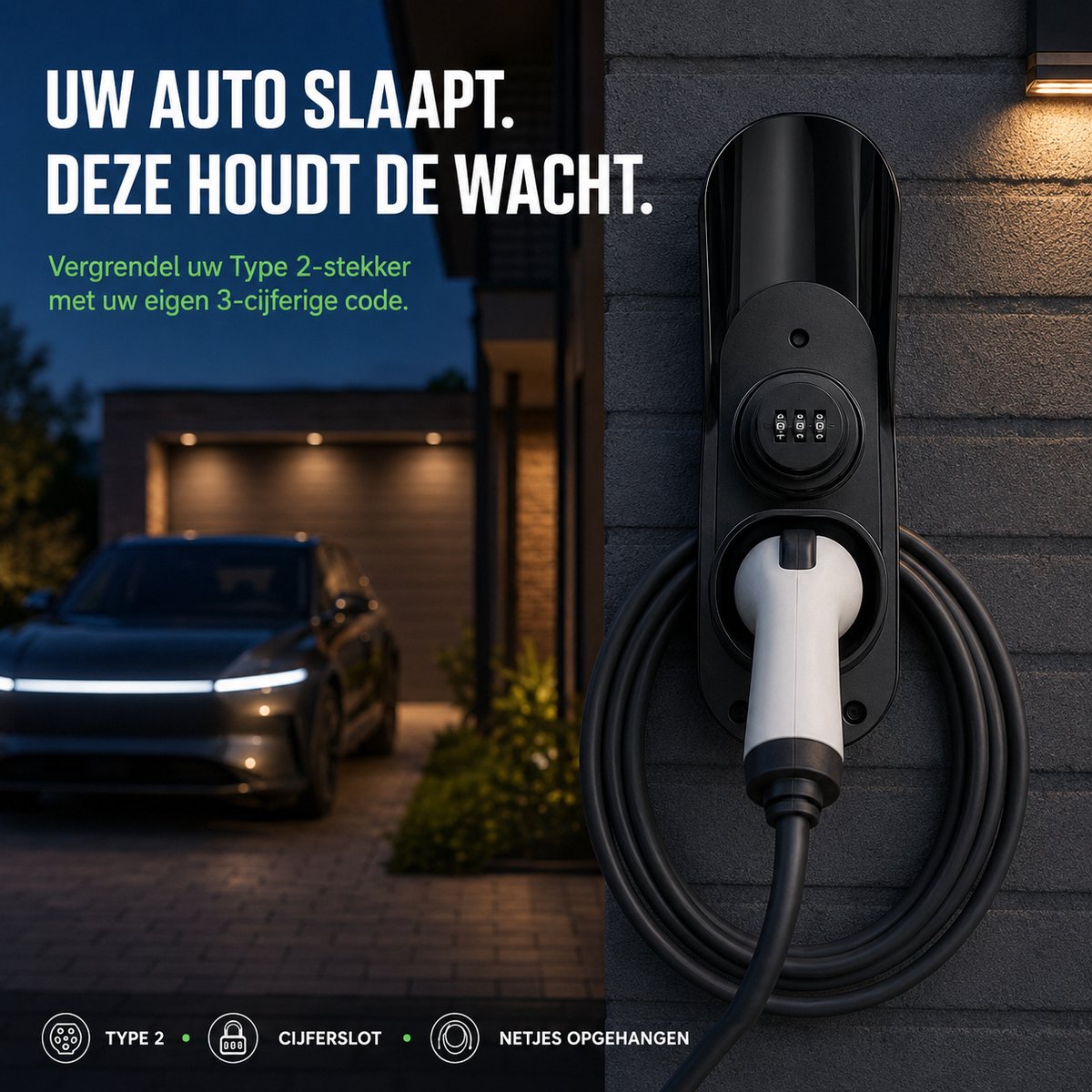 Type 2 Laadkabelhouder voor Elektrische Auto – Wandhouder met Cijferslot – Kabelhouder en Laadstekkerhouder voor Wallbox en Laadpaal – Zwart