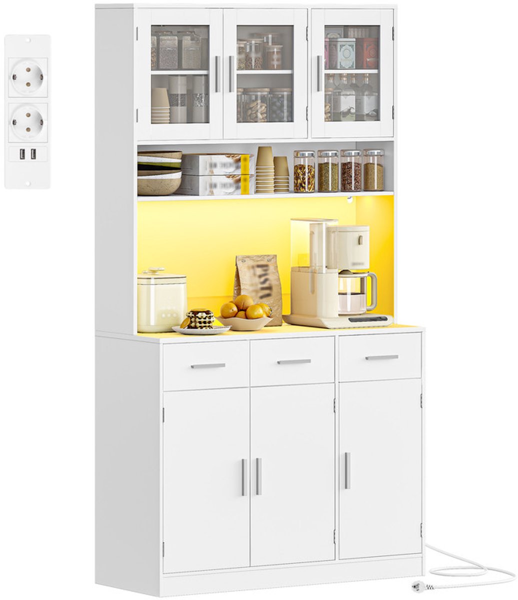 Hzuaneri Buffetkast, Keukenkast Met 3 Lades, Hoge Kast Met Stekkerdoos en Ledverlichting, 3 Kastdeuren Met Glazen Fronten, Voor Keuken of Woonkamer, 40 x 100 x 190 cm, Wit