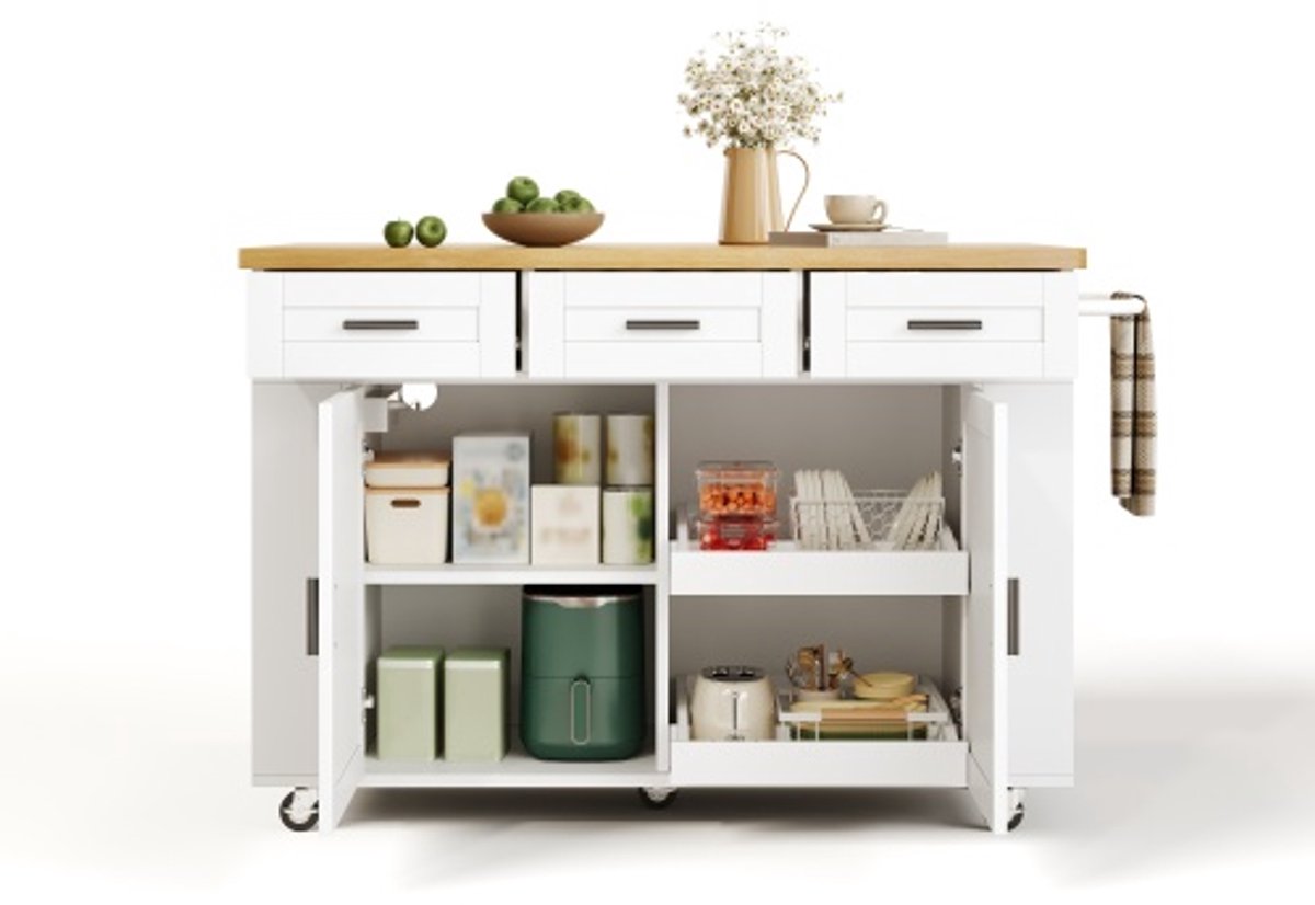 Mobiel keukeneiland met opklapbaar werkblad, uitschuifbare lades, stopcontact, MDF, wielen – 20x45x84 cm, voor keuken en eetkamer