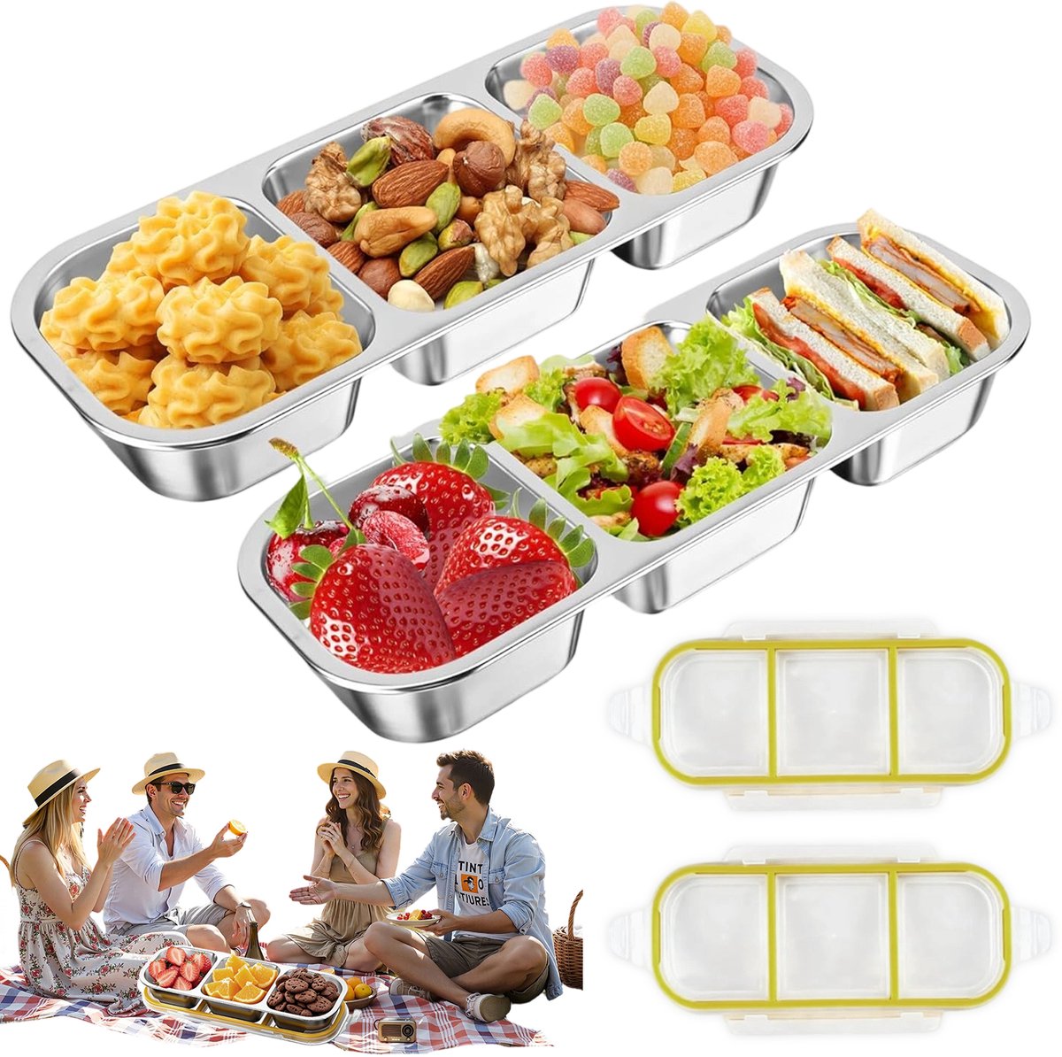 RVS Bentobox - Lunchbox - Maaltijdcontainer - 600ml - 2 Stuks - 3 Compartimenten & Lekvrij - 6 Kliksluitingen & Siliconenring - BPA-vrij & Vaatwasserbestendig - Voor Lunch, Afvallen & Onderweg