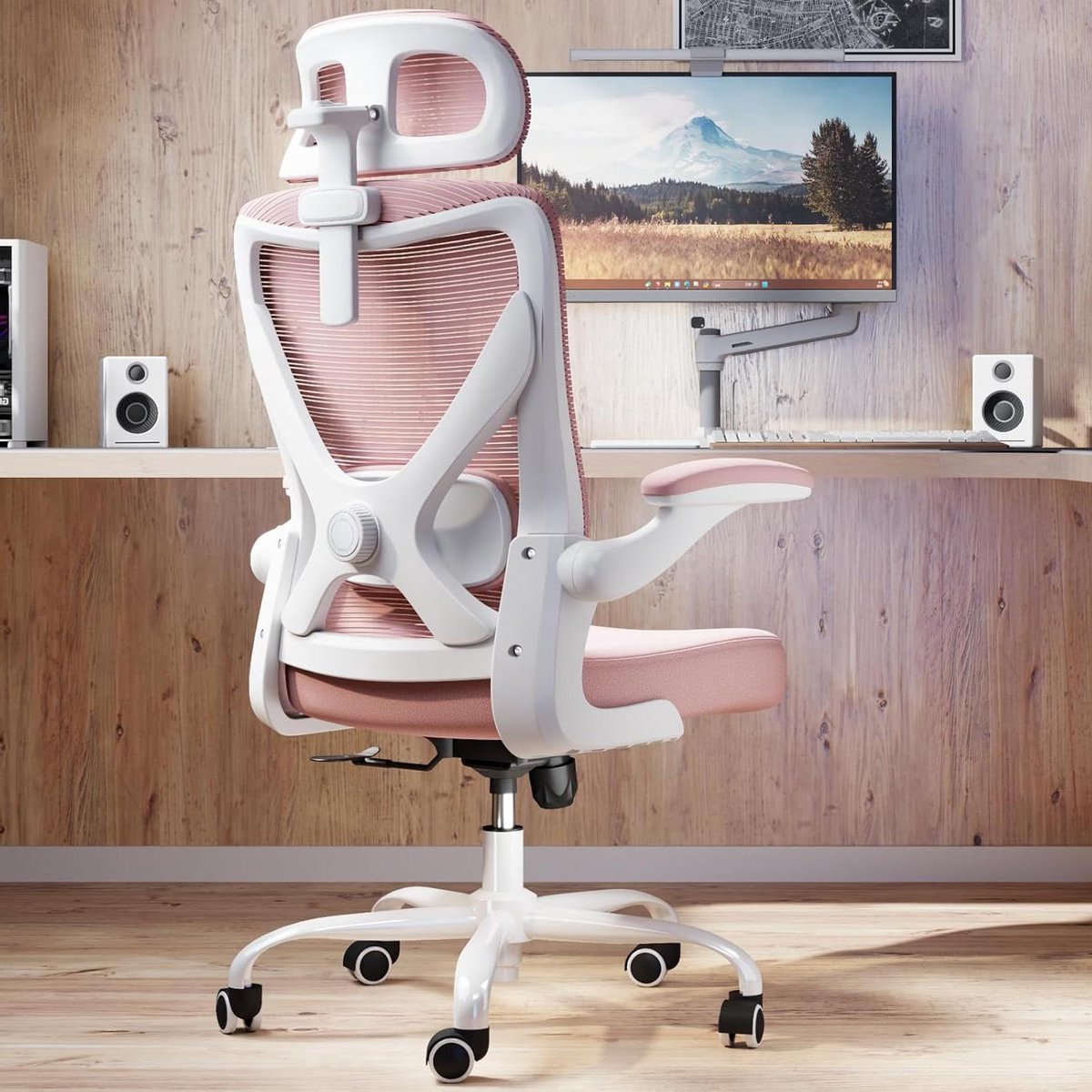 Ergonomische bureaustoel - Comfortabele stoel - Thuiswerken - Verstelbare lendensteun - Tot 150kg - Roze