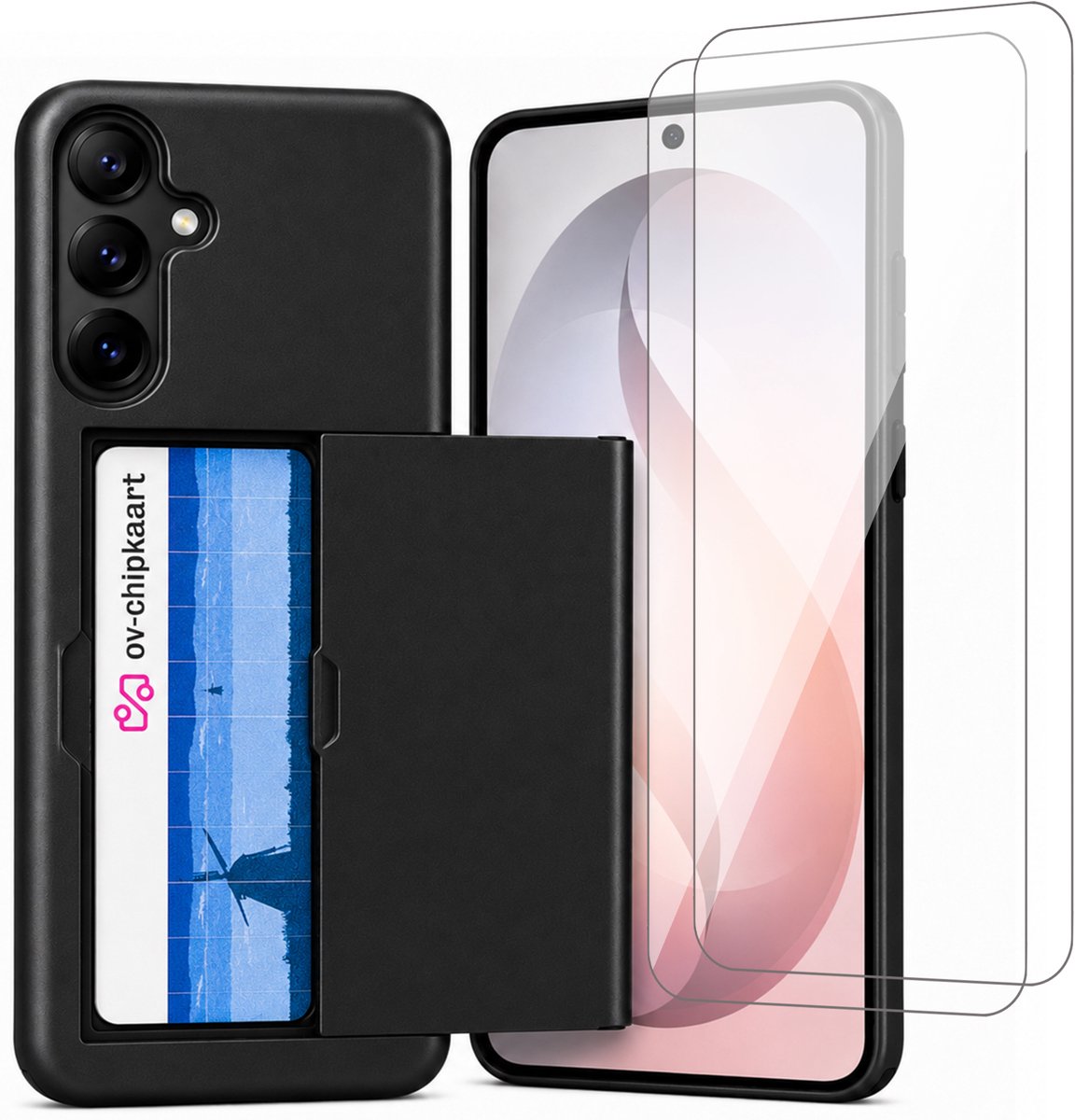 Hoesje met Pasjeshouder geschikt voor Samsung Galaxy S25 FE – Back Cover Slide Case – Zwart – 2 Stuks Screenprotector Glas