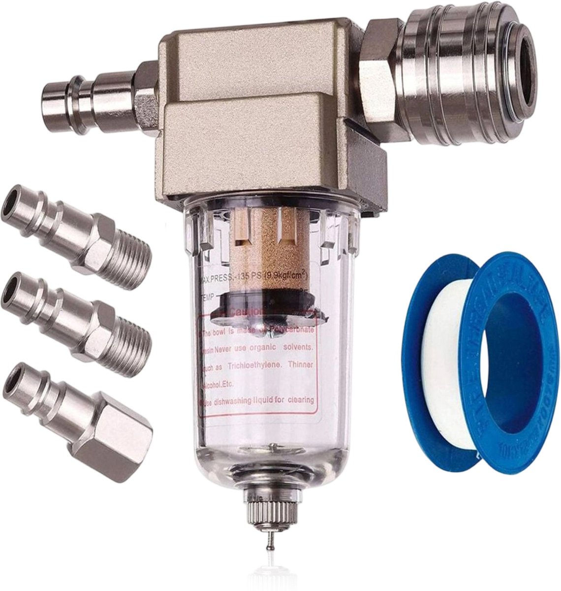 longziming -Perslucht Filter – Luchtfilter Waterafscheider – Compressor Filter – 1/4 Inch – Voor Luchtdroging en Reiniging – Inclusief Koppelingen en Teflontape – Fijnfiltratie 0,04 mm – 1 Stuk