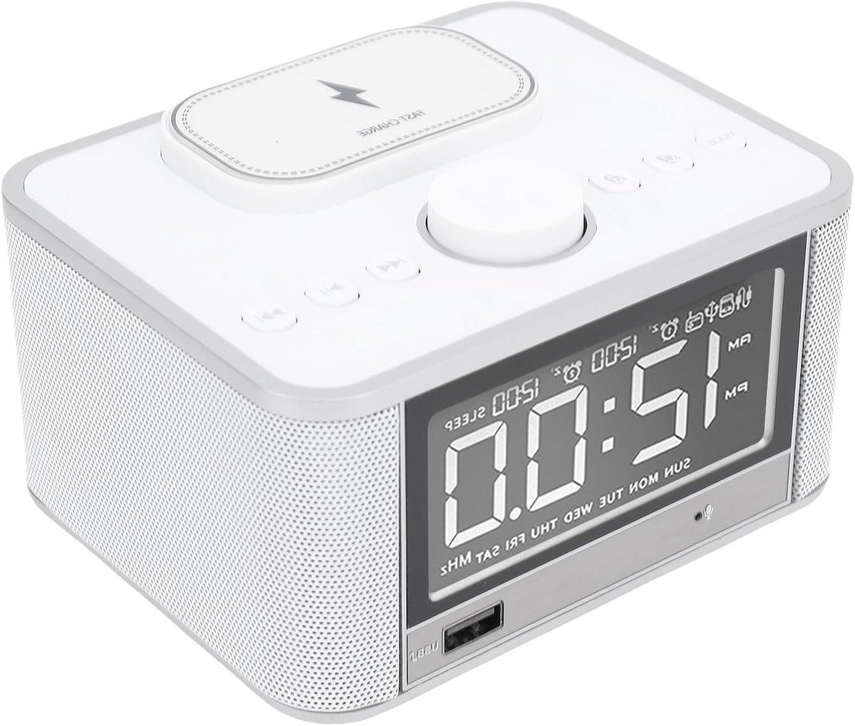 Wekker met Luidspreker - Digitale Klok Radio - Wakker Worden - Draadloze Oplader - 5.5 x 4.3 cm - Wit