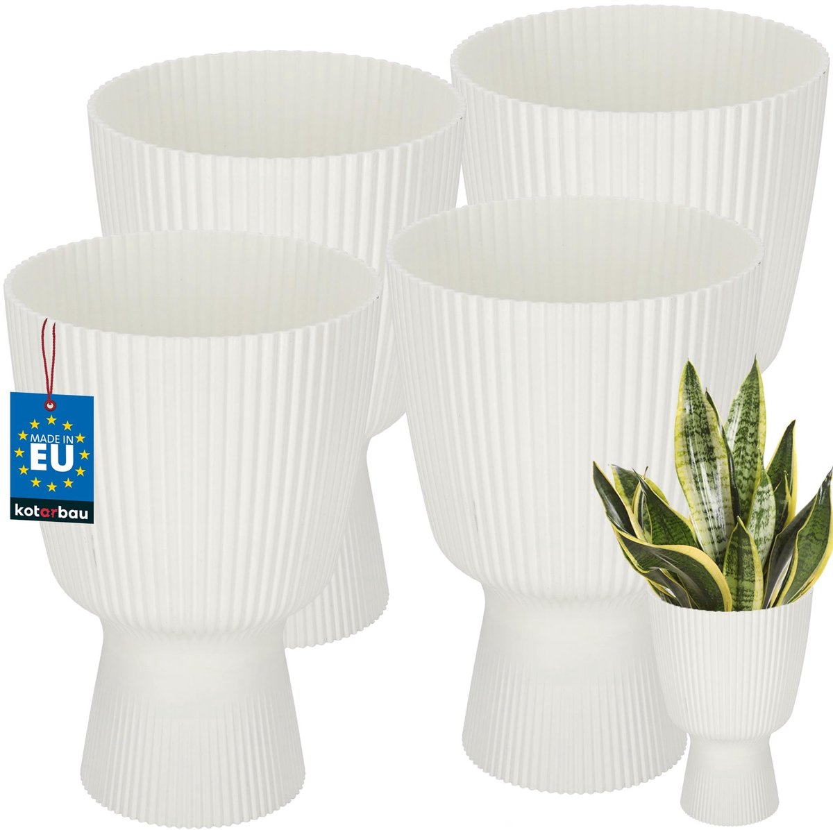 KOTARBAU® 4 Stuks - Bloempot - Plantenpot met Sokkel ⌀ 18 cm - PVC - Geribbelde Orchideeënpot - H: 27 cm - Wit - Kelkvorm
