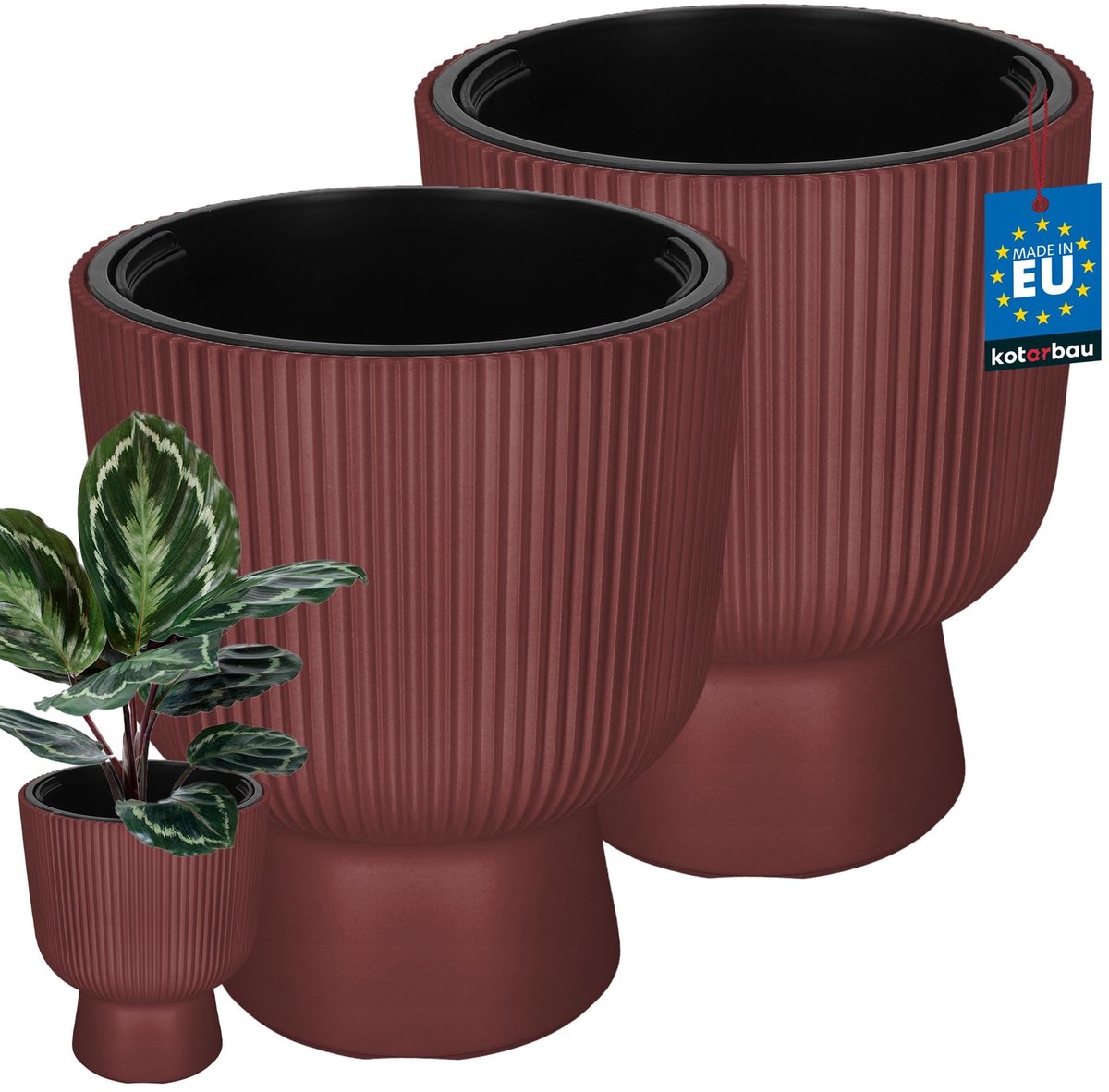 KOTARBAU® 2 Stuks - Bloempot - Plantenpot Ø 29 cm - met Binnenpot - Geribbelde Plantenbak - Plantenpot met Voet - Plantenbak - Kunststof - H: 36 cm - Marsala