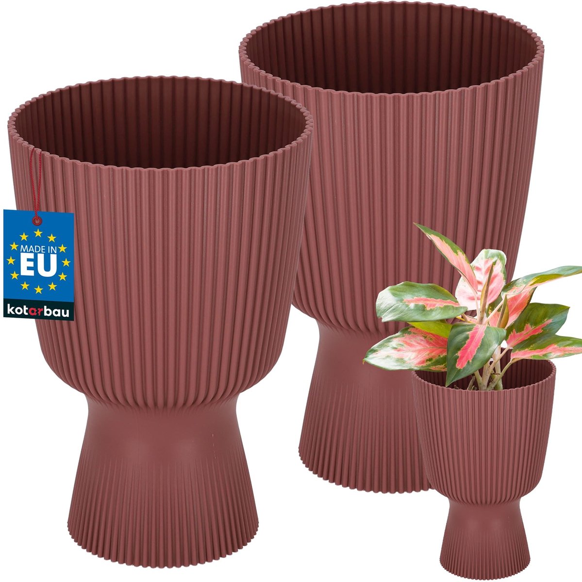 KOTARBAU® 2 Stuks - Bloempot - Plantenpot met Sokkel ⌀ 14 cm - PVC - Geribbelde Orchideeënpot - H: 21 cm - Marsala - Kelkvorm