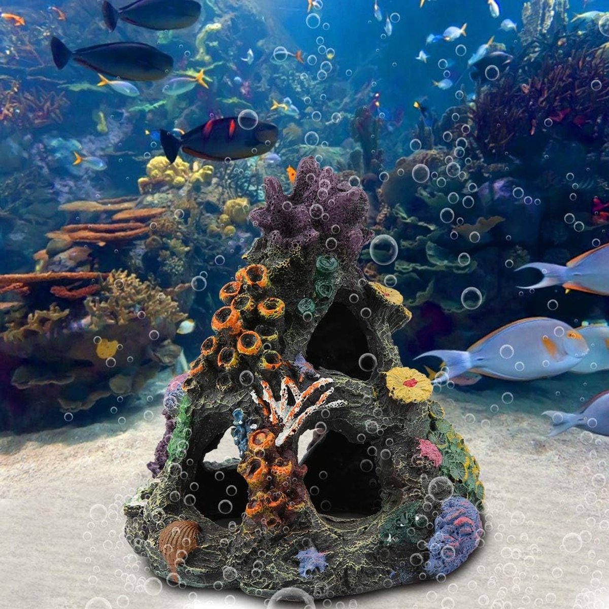 SnelShoppen - Aquariumdecoratie, Visbak Versiering Kunstmatige Bergweergave Steen Ornament voor Betta Cichliden Schuilplaats met Meerdere Openingen