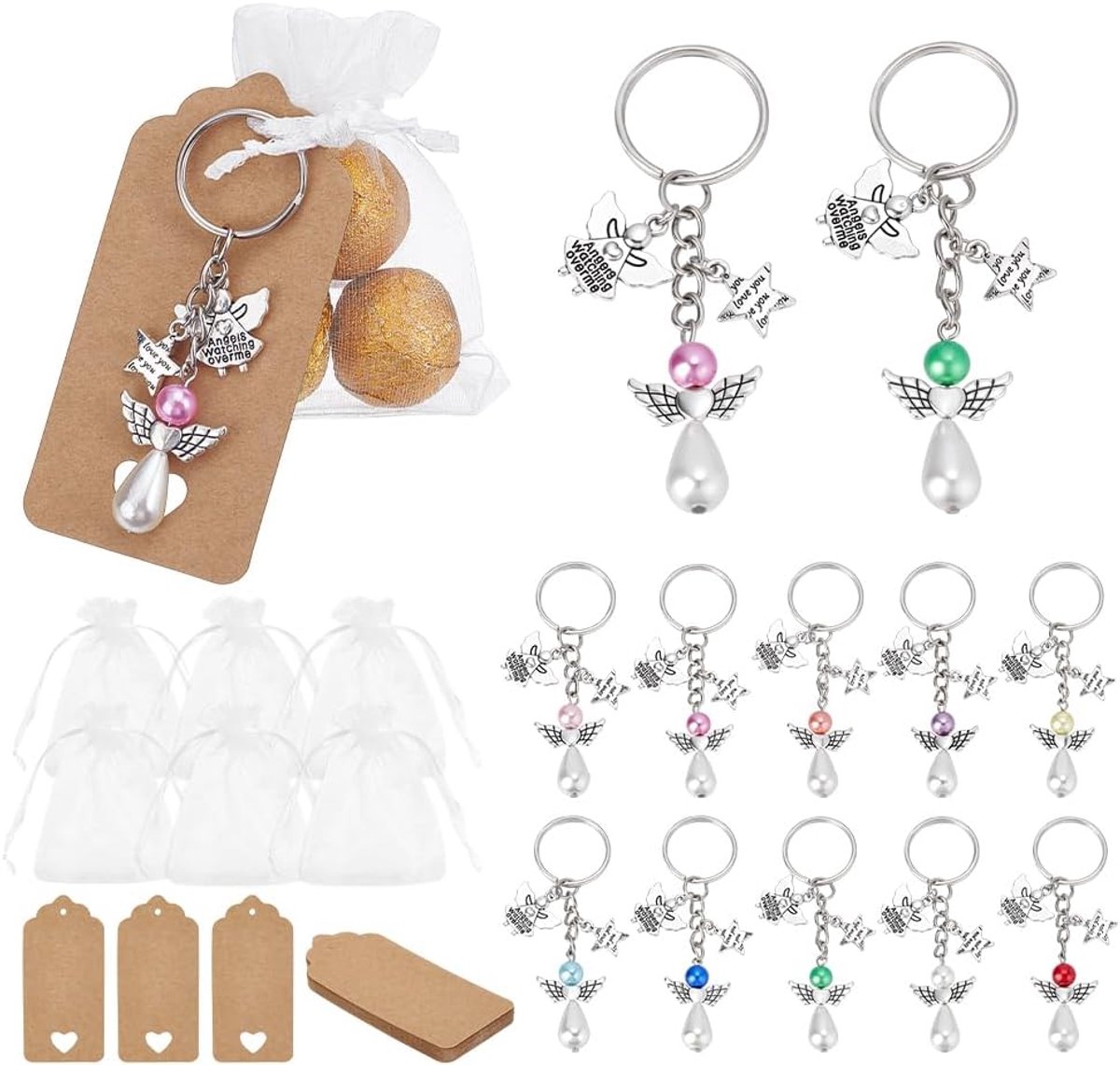SnelShoppen - 20 Sets Engel Sleutelhangers met Kralen en DIY Witte Zakjes voor Bruiloft, Verjaardag, Doop en Kerstfeest Souvenirs
