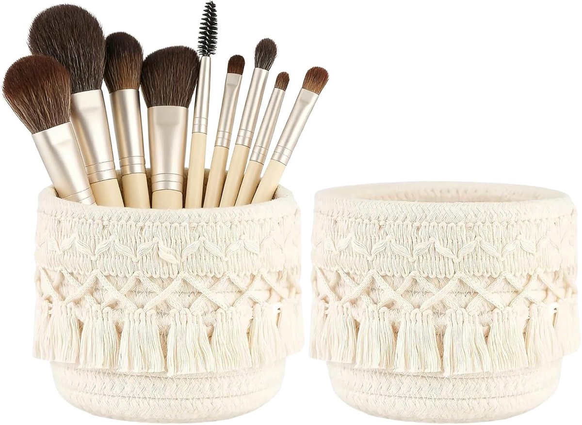 SnelShoppen - 2 Stuks Handgemaakte Make-upkwasten, Organizer en Gevlochten Opbergdoos van Katoenen Touw, 10 x 10 cm, Ronde Borstelhouder in Boho-Stijl