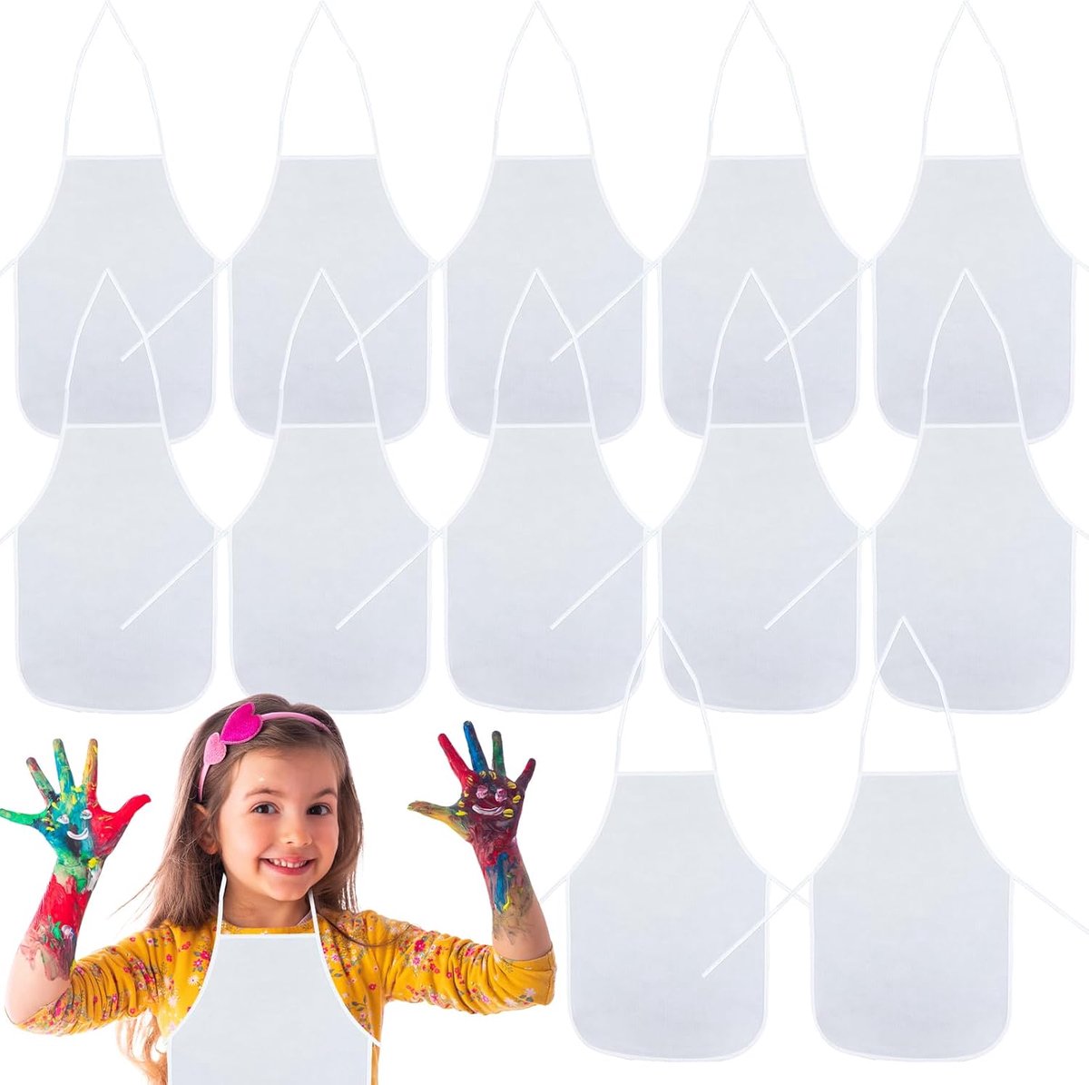 SnelShoppen - 12 Stuks Kinderschorten voor Creatieve Activiteiten, Waterdichte Schorten voor Kinderen van 2-8 Jaar, Witte Schorten voor Kunst, Knutsel