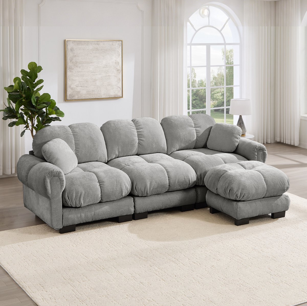 MEUNIQ L-vormige hoekbank 3-zits 260 x 149 x 90 cm met mobiele ottomane en 2 sierkussens, chenille, lichtgrijs voor woonkamer