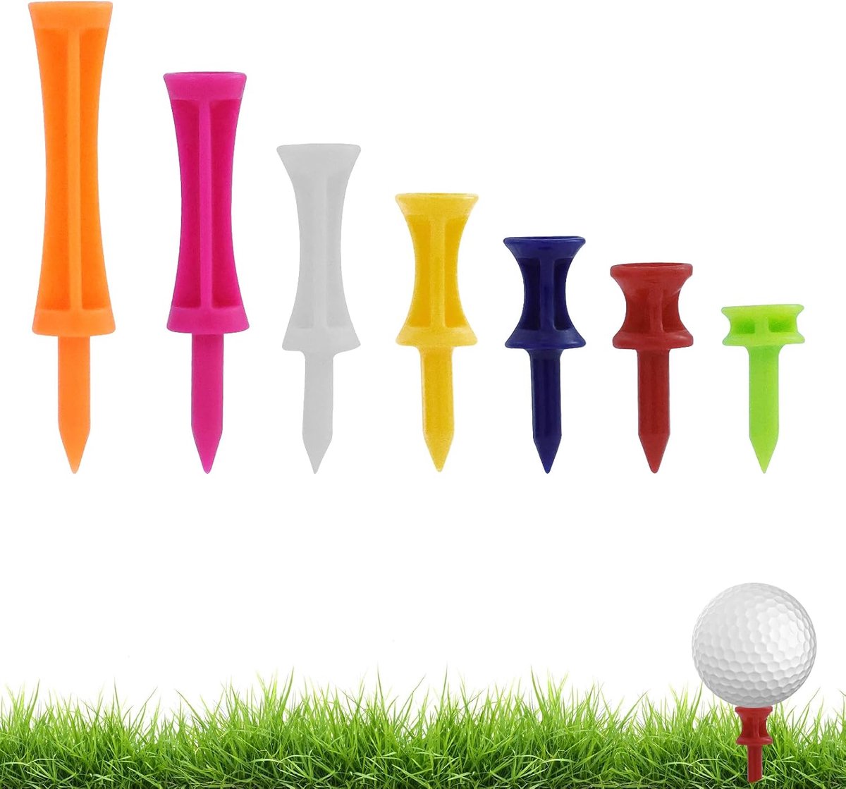 SnelShoppen - Golf Tees Set 70 Stuks, 7 Maten, 25-70 mm, Kleurige Plastic Golf Tees, Duurzaam en Perfect voor Precisie op de Golfbaan