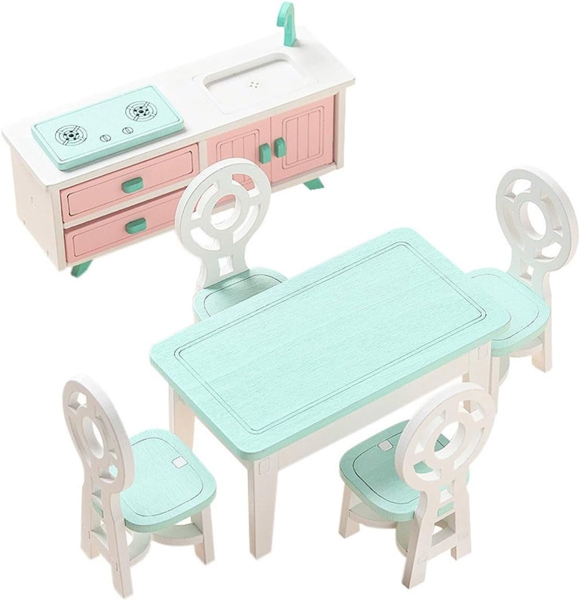 SnelShoppen - 6 delige Mini eetkamer meubelset voor poppenhuis - Keuken accessoires van hout - Kleurvol roze en groen - Perfect voor kinderen en decor