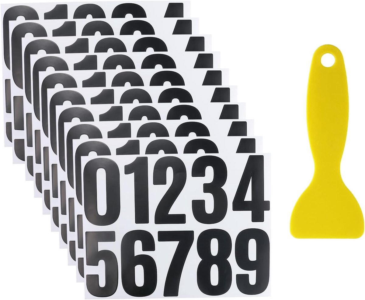 SnelShoppen - 10 Bladen Zwarte Nummer Stickers, Zelfklevende Kentekenstickers met 1 Gele Schraper, Weerbestendige Cijfer Stickers voor Brievenbus, Hui