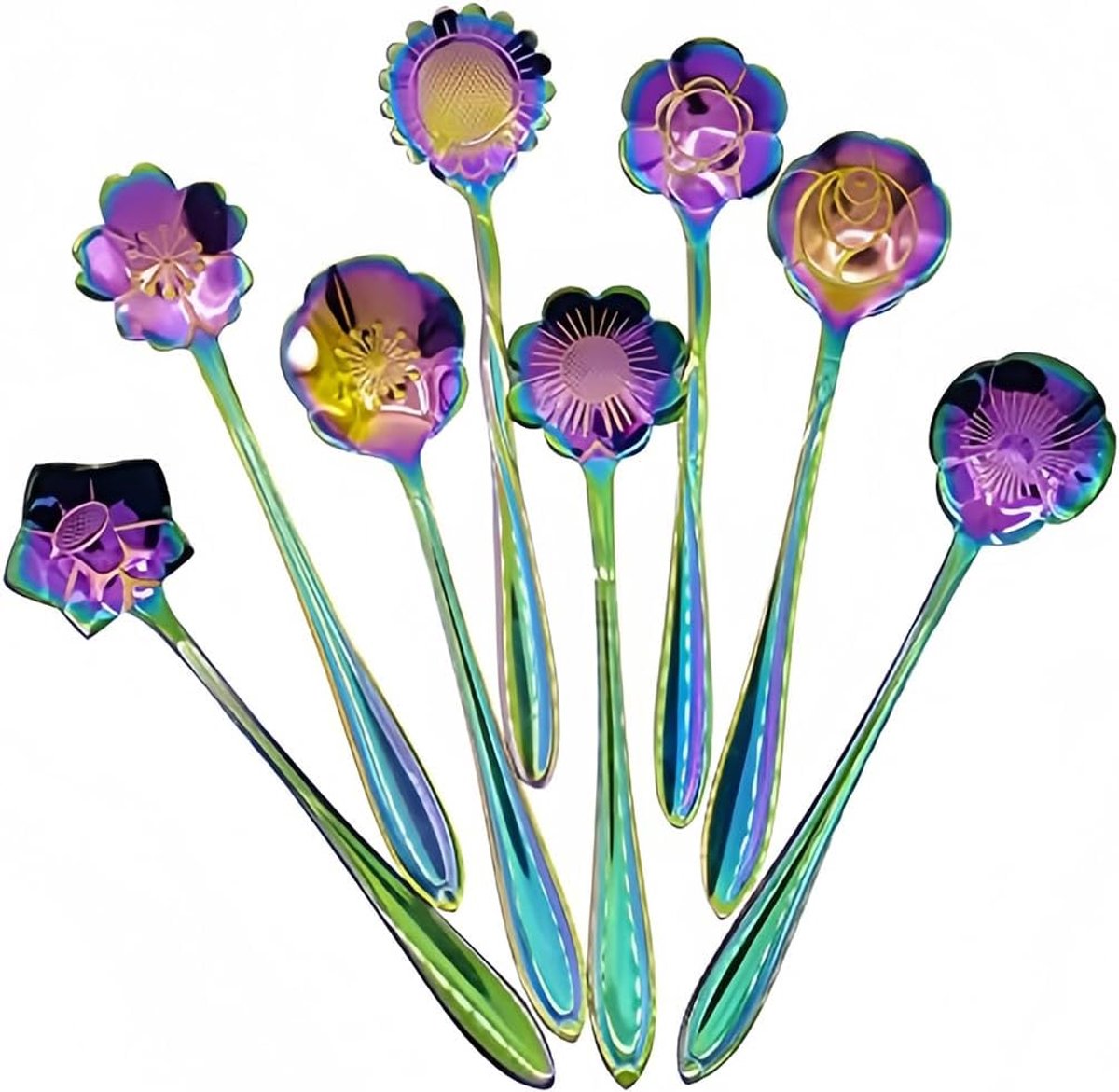 SnelShoppen - 8-delige roestvrijstalen koffielepels met bloemenmotief – voor thee, suiker, ijs, cake en desserts – duurzaam en vaatwasserbestendig